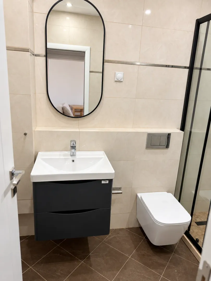 Modern bathroom equipped with a sink, mirror, and shower cabin.
