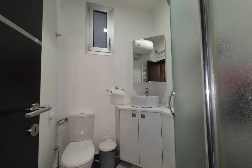 Small bathroom with a sink, toilet, and shower cabin.