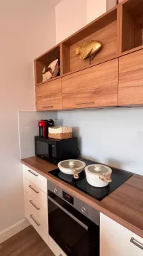 Moderna kuhinja sa drvenim elementima, ugradnom rernom i pločom za kuvanje. - image 6