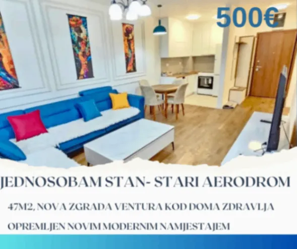 Izdavanje, jednosoban stan, 47m², Stari Aerodrom, Podgorica
