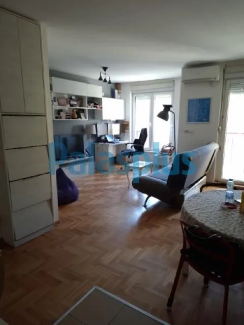 Dnevna soba sa kaučem, radnim stolom i trpezarijskim stolom.