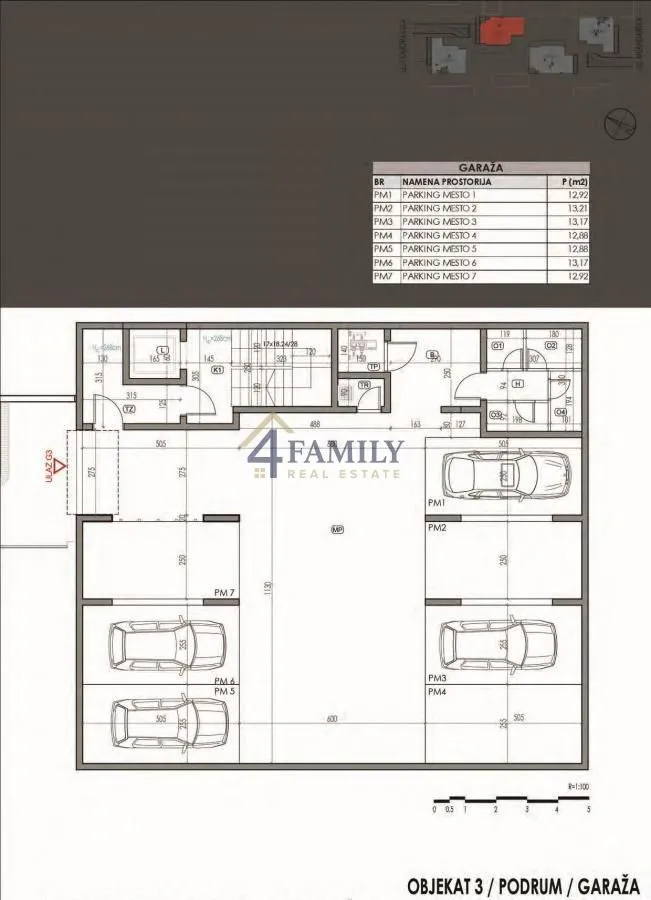 Floor plan of the garage with marked parking spaces and dimensions.