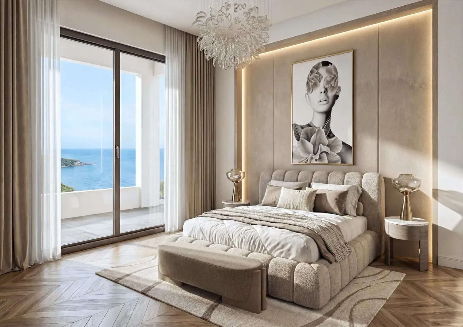 Modern and elegant bedroom with a double bed and a sea view.