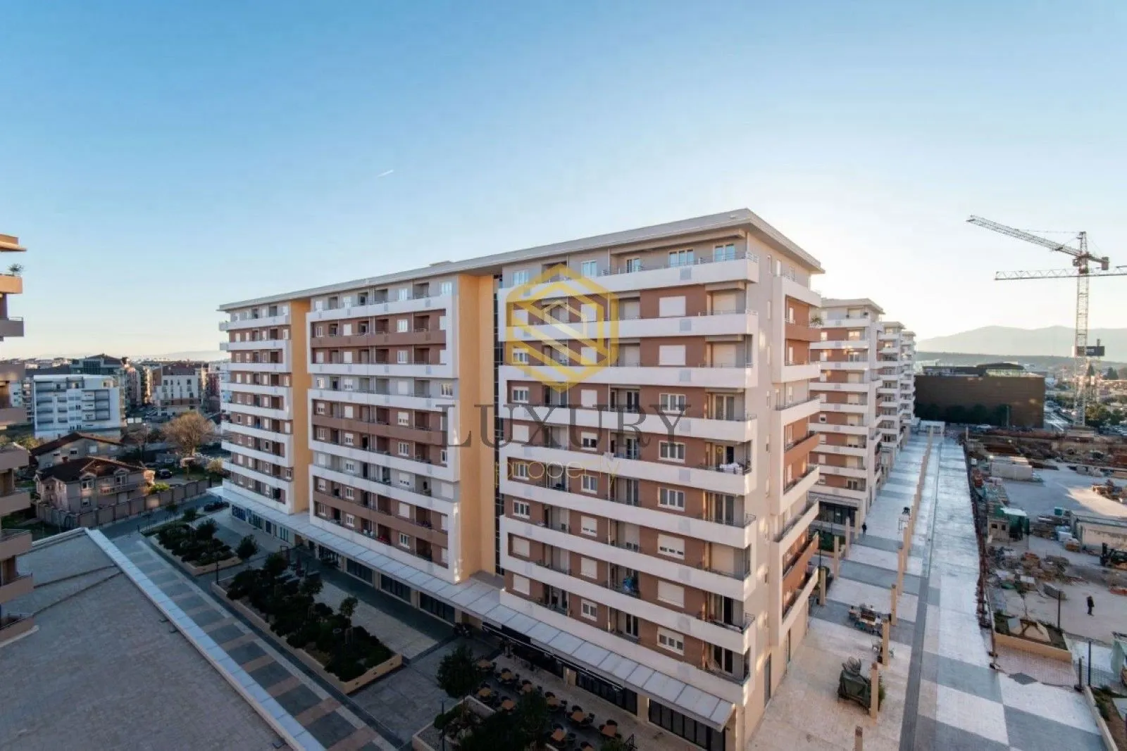 Aerial view of the exterior of a modern residential building.