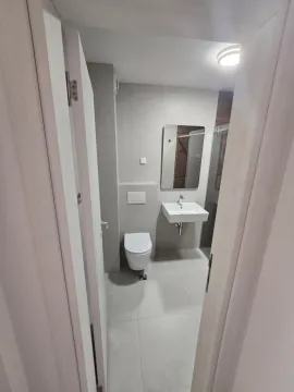 Pogled na moderno uređeno kupatilo sa umivaonikom, ogledalom i toaletom. - image 12
