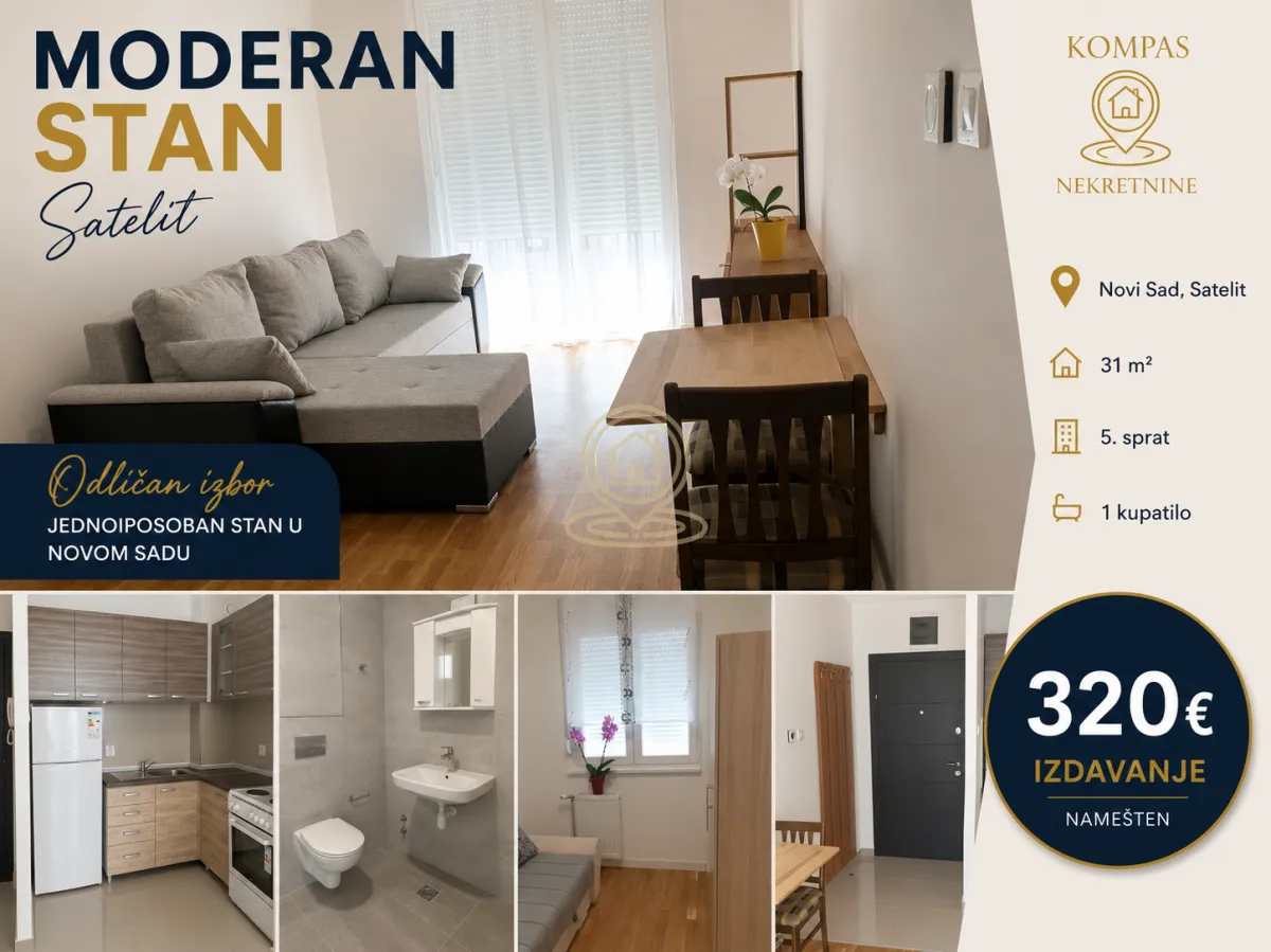 Izdavanje, jednosoban stan, 31m², Satelit, Novi Sad Sve Podlokacije