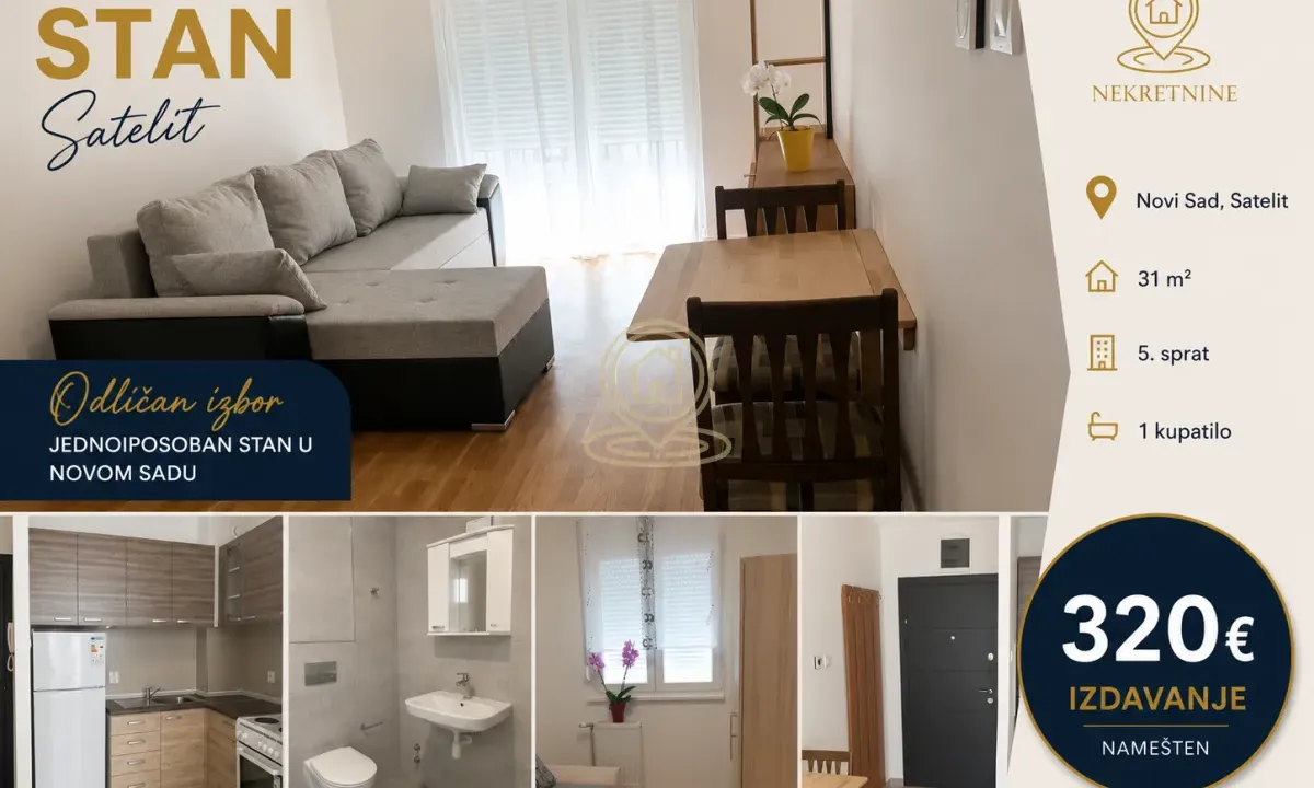 Rent, one bedroom apartment, 31m², Satelit, Novi Sad Sve Podlokacije