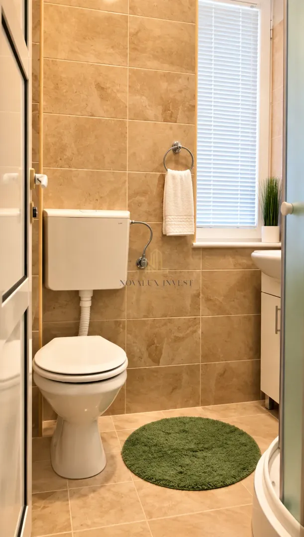 Manje kupatilo obloženo bež pločicama sa šoljom, umivaonikom i tuš kabinom.