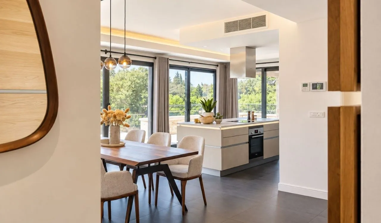 Modern kitchen with dining area and nature view.