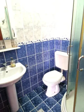 Manje kupatilo sa plavim pločicama, umivaonikom, wc šoljom i tuš kabinom. - image 10