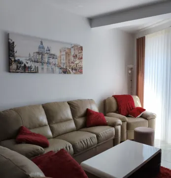 Dnevna soba sa kožnom garniturom, klub stočićem i slikom na zidu. - image 3