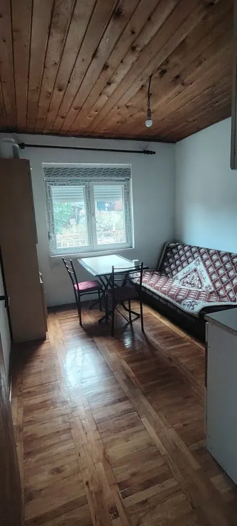 Small living room with a dining table, sofa, and wooden ceiling.