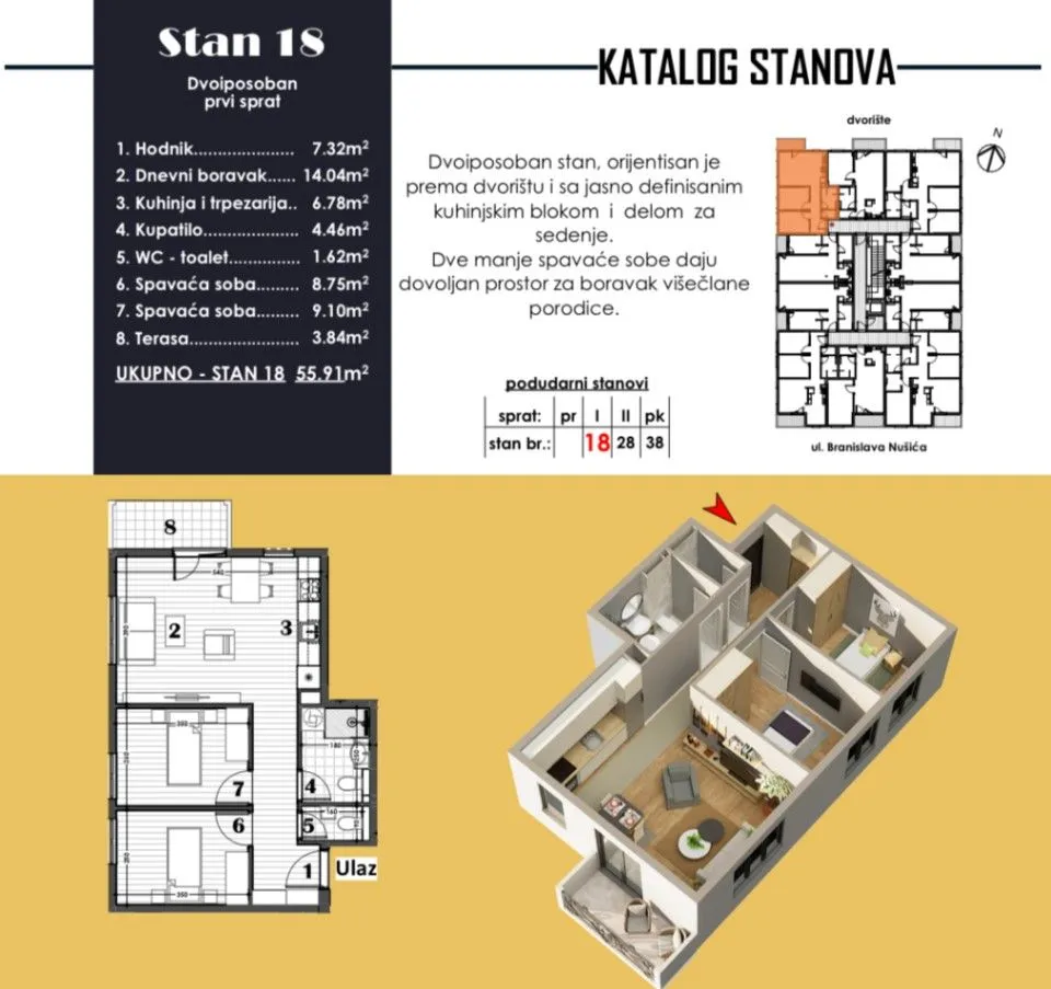 Sale, two bedroom apartment, 56m², Obrenovac (mesto), Obrenovac