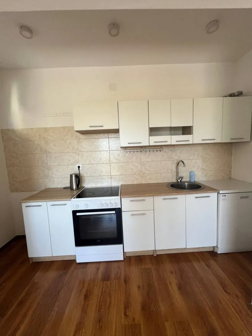 Smaller white kitchen with wooden elements and built-in appliances.