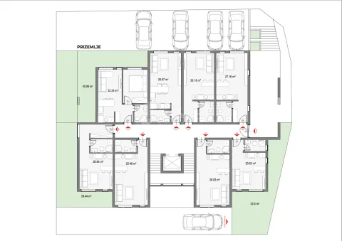 Ground floor plan of the building with room layouts and areas. - image 5