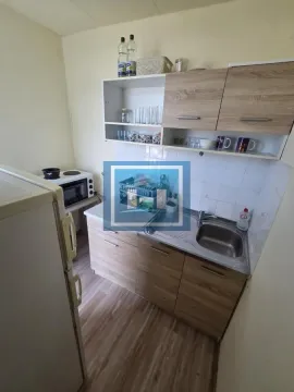 Small kitchen with wooden cabinetry, a sink, and a refrigerator. - image 4