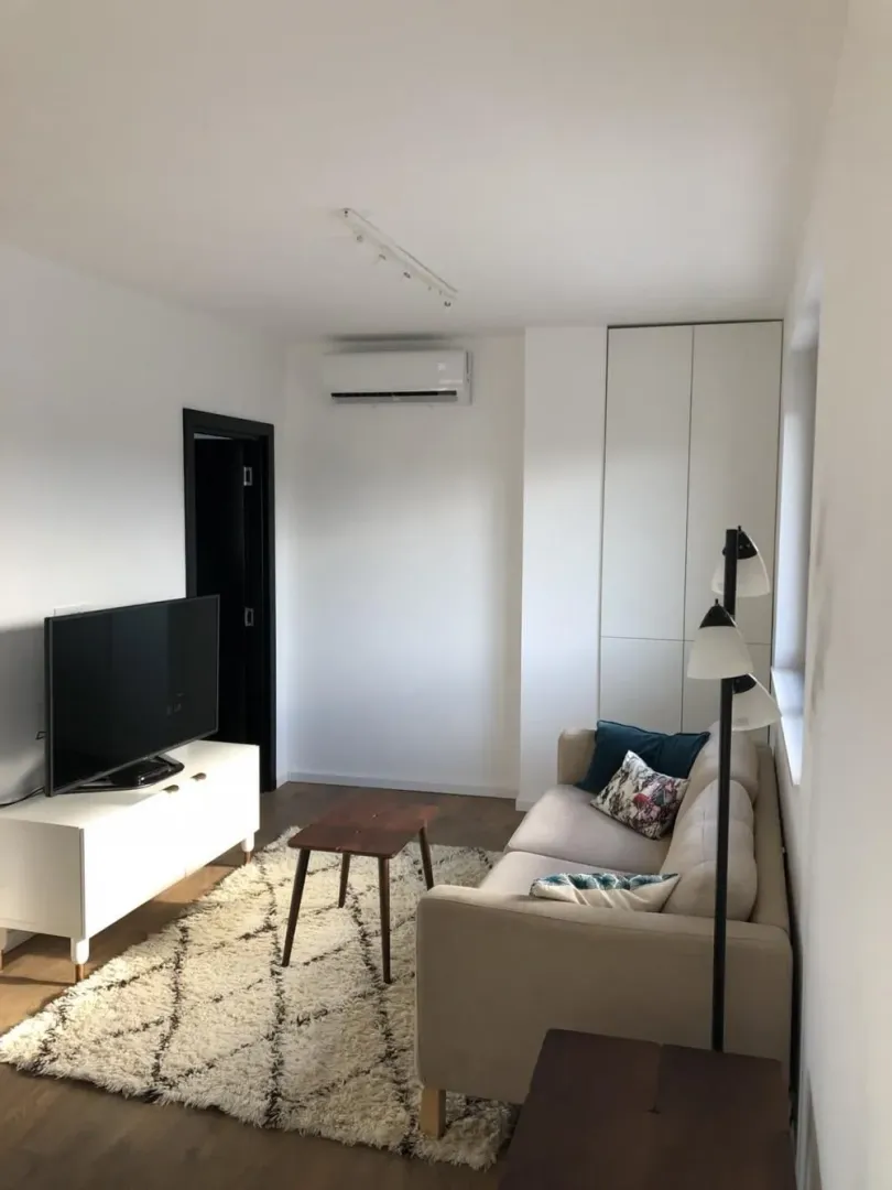 Living room with sofa, television, and air conditioning.