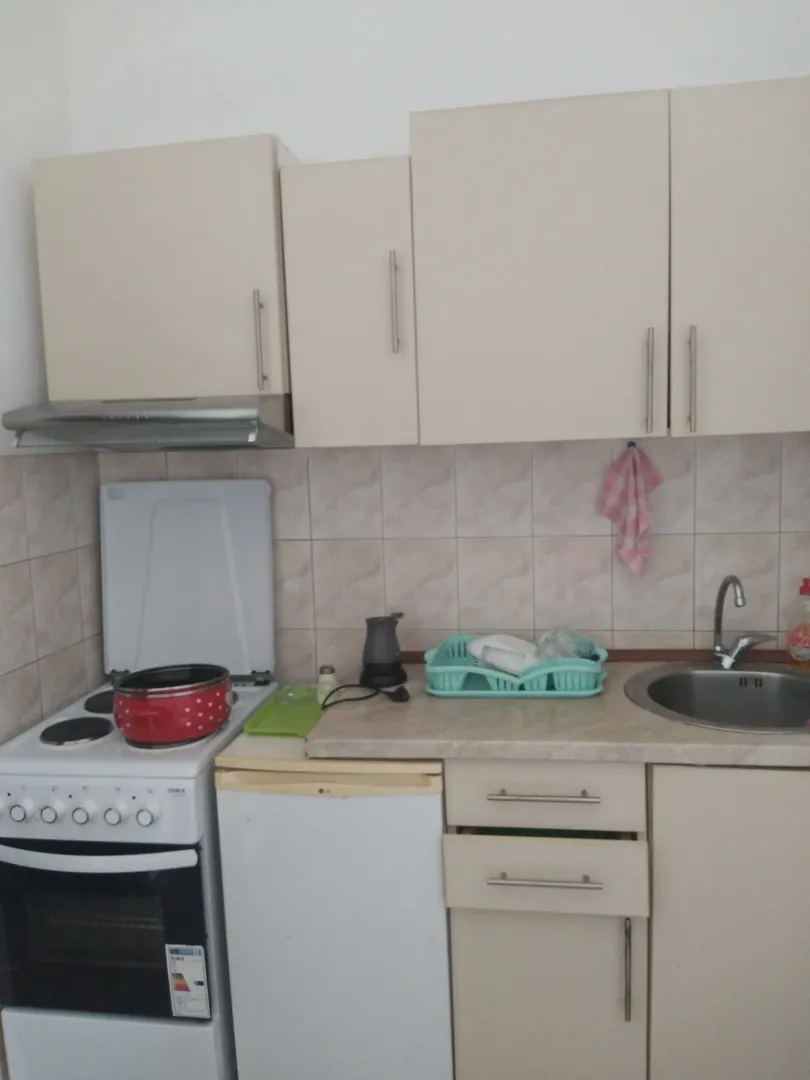 Manja kuhinja sa štednjakom, frižiderom i elementima.