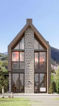 Prednji pogled na modernu kuću sa kamenom fasadom i velikim staklenim površinama. - image 3