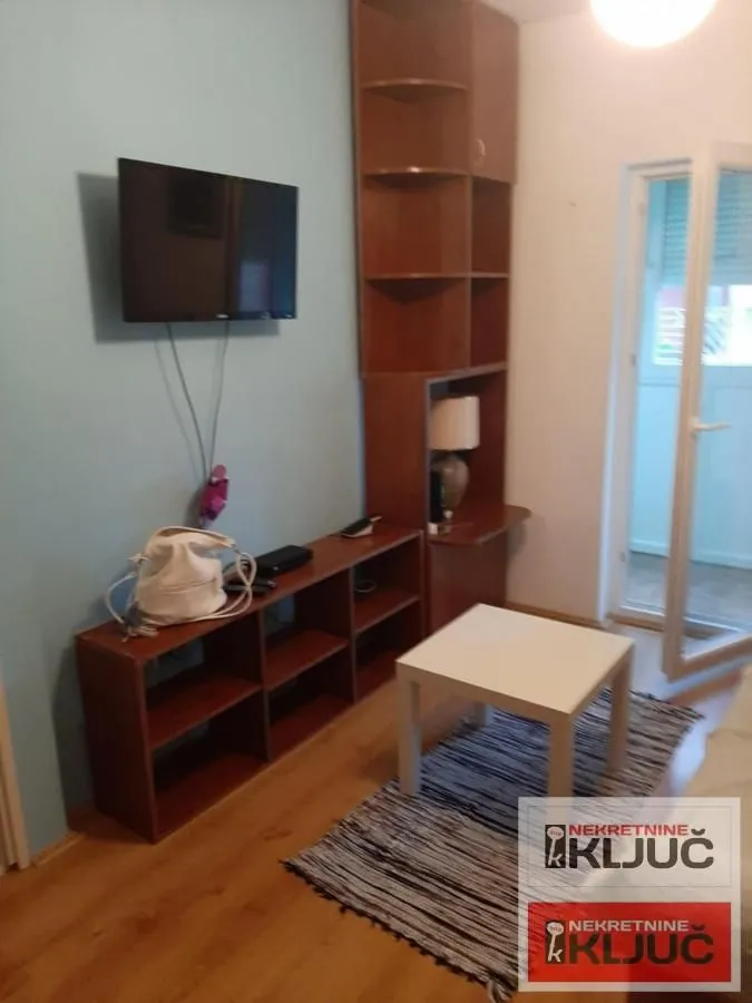 Manji dnevni boravak sa televizorom i izlazom na terasu.