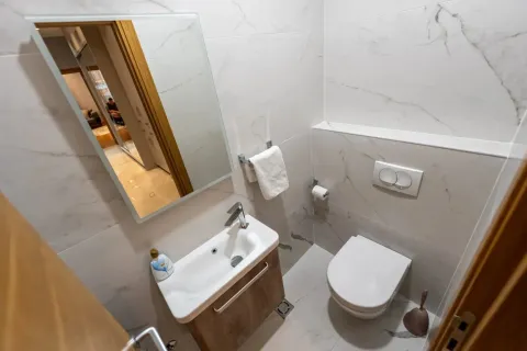 Small bathroom with a basin, mirror, and toilet clad in marble tiles. - image 18