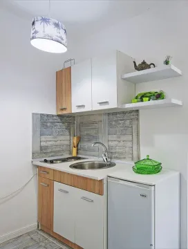 Small kitchen with a sink, built-in cooktop, and refrigerator. - image 4