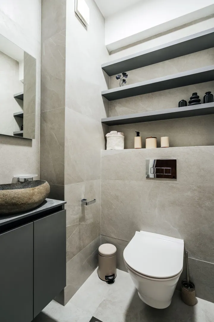 Modern bathroom with a stone basin, toilet and open shelving.