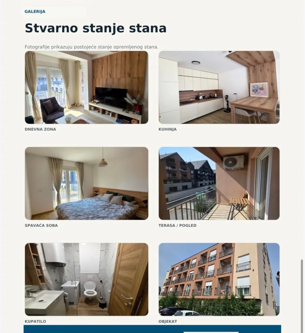 Kolaž fotografija koje prikazuju različite prostorije i eksterijer stanova.