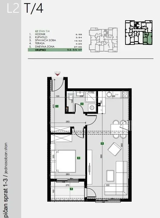 Prodaja, jednosoban stan, 52m², Čeluga, Bar