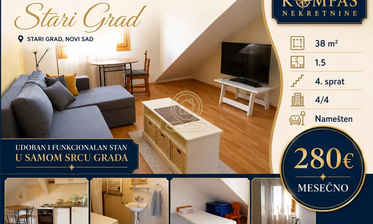 Rent, one bedroom apartment, 38m², Stari grad, Novi Sad