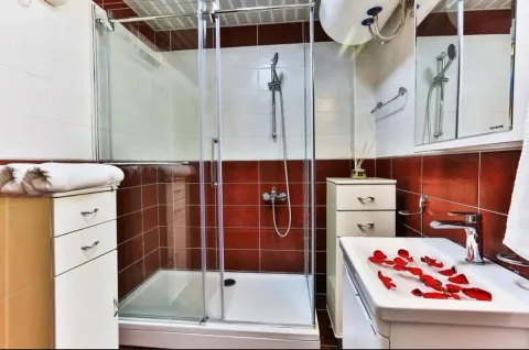 Bathroom with a shower cabin, washbasin, and white and red tiles. - image 3