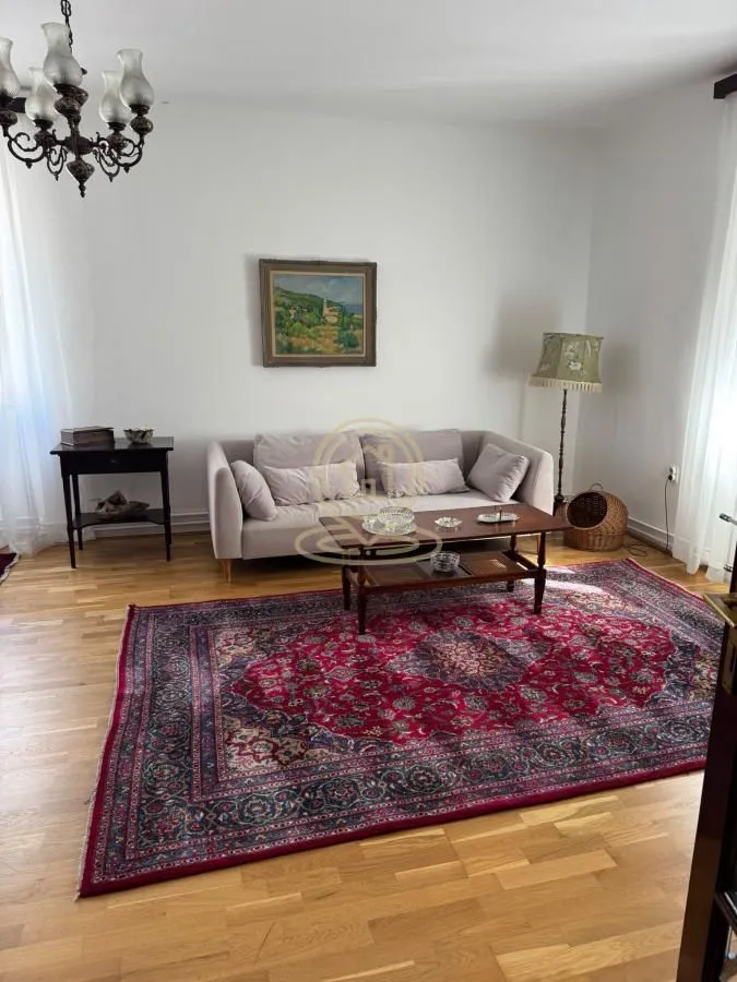 Living room with a sofa, a wooden coffee table, and a rug.