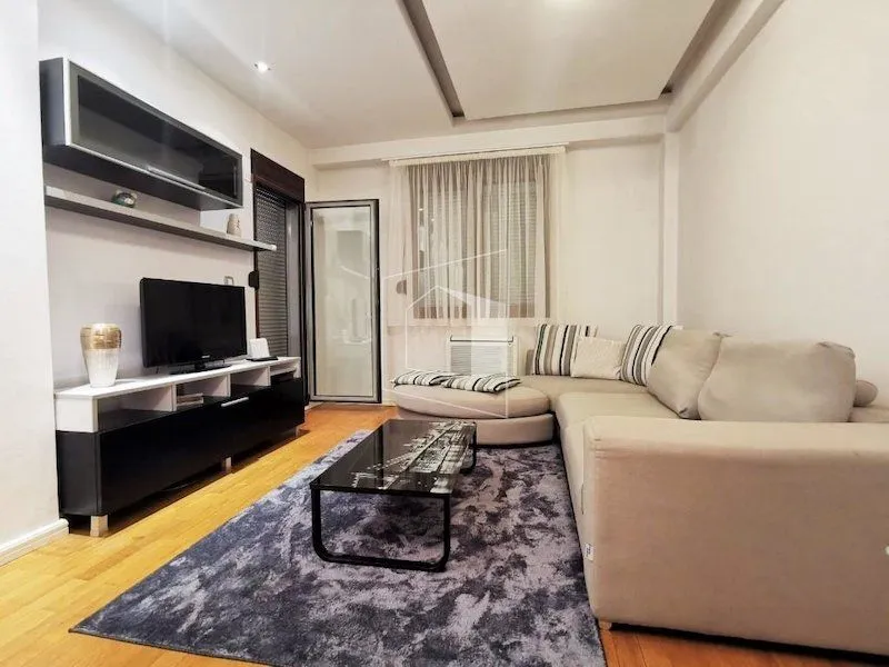 Living room with a sectional sofa, TV unit, and a rug.