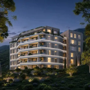 Noćni prikaz moderne stambene zgrade sa terasama i osvjetljenjem. - image 3