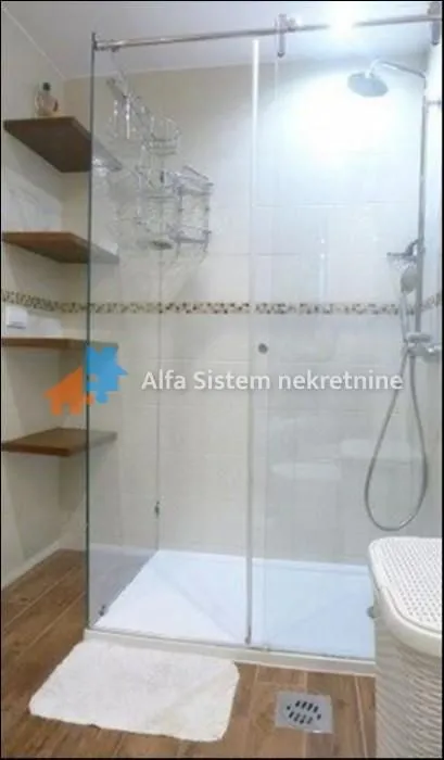 Bathroom with a shower cabin and wooden shelves.