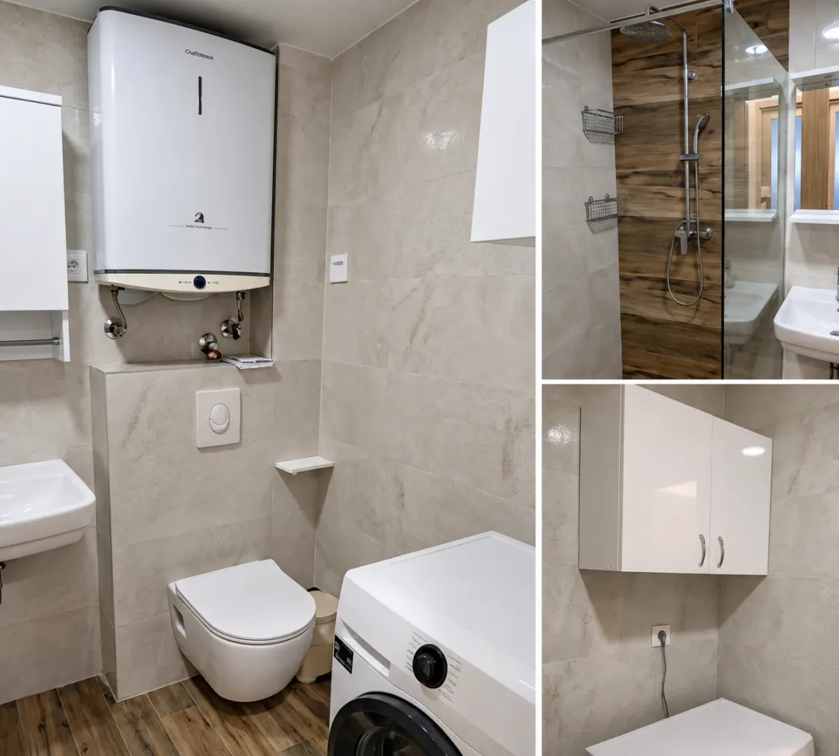 Compact bathroom with a shower cabin, toilet, sink, and water heater.