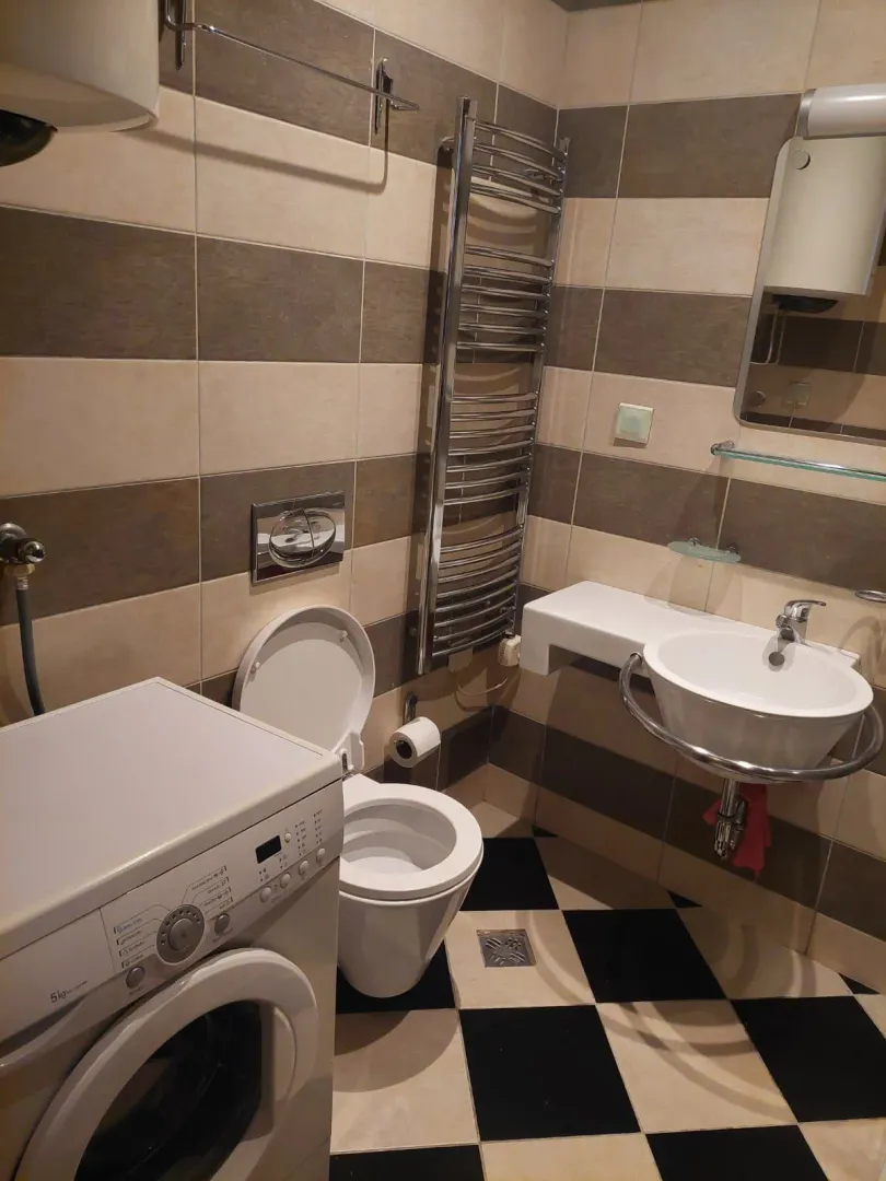 Bathroom equipped with sanitary ware, washbasin, toilet bowl and washing machine.