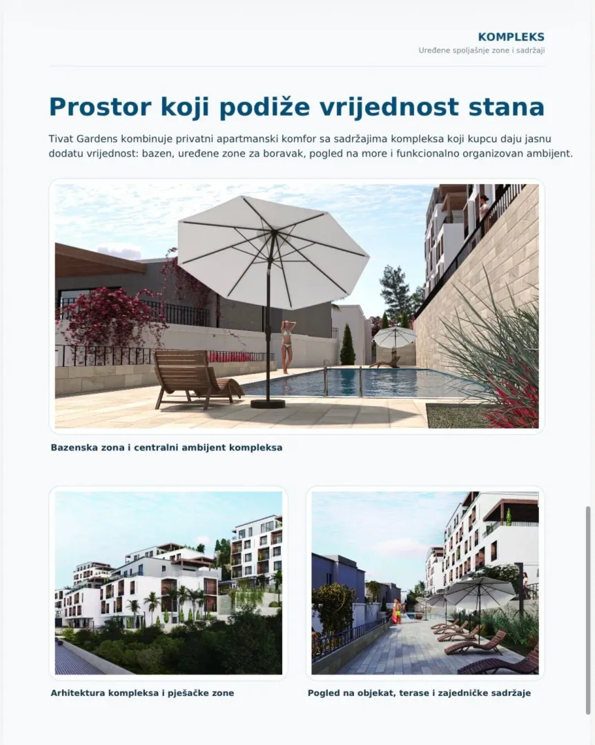 Prikaz eksterijera kompleksa sa bazenom, ležaljkama i uređenim zelenim površinama.