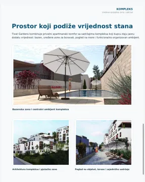 Prikaz eksterijera kompleksa sa bazenom, ležaljkama i uređenim zelenim površinama. - image 5