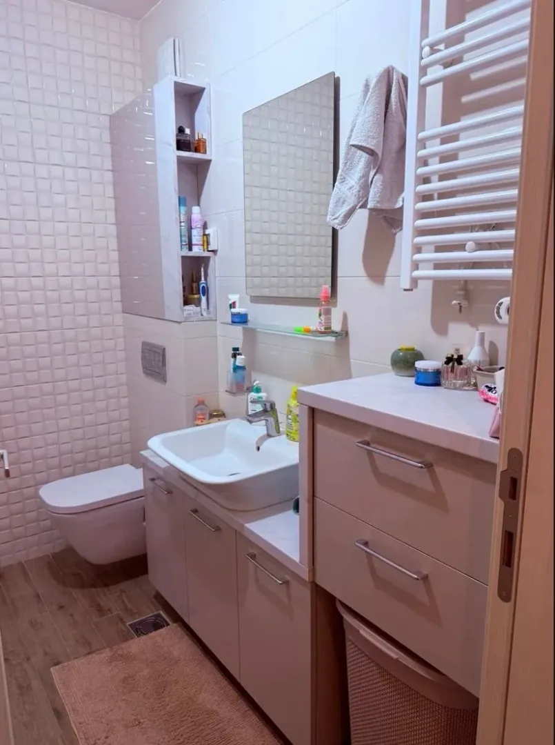 Modernly equipped bathroom with a sink, cabinet, mirror, and toilet.