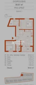 Osnova stana sa rasporedom prostorija i kvadraturom. - image 5
