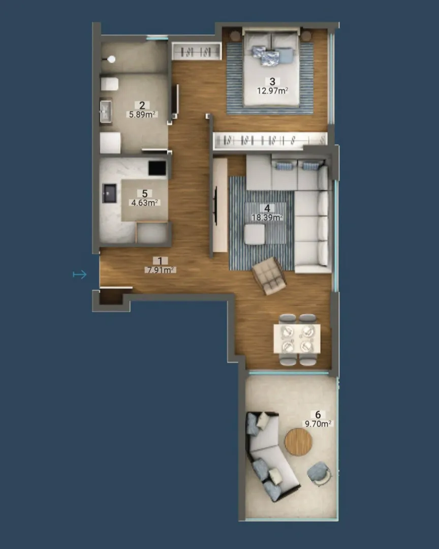 Three-dimensional floor plan of the apartment with room layout and surface areas.