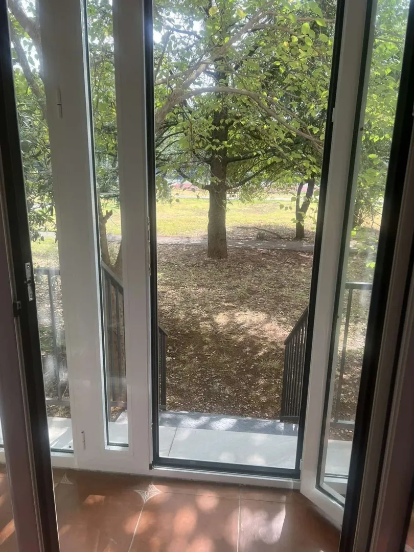 Pogled na dvorište sa zelenilom kroz otvorena vrata.