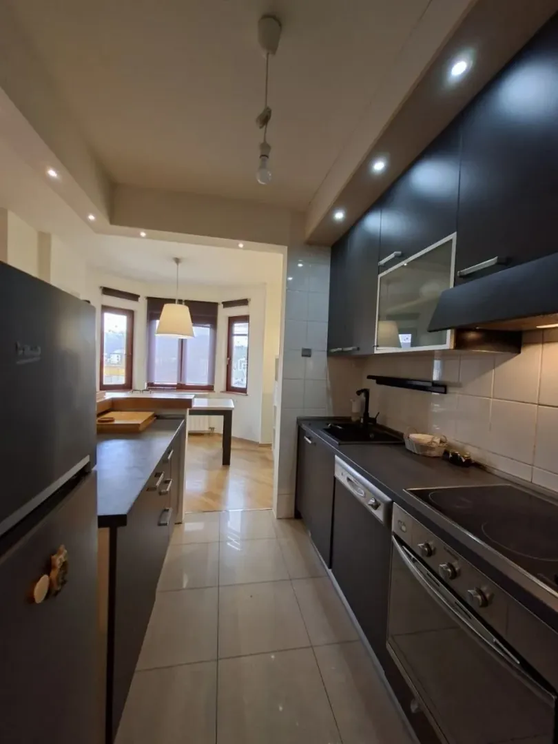Modern kitchen with dark cabinetry, built-in appliances, and a view of the dining area.