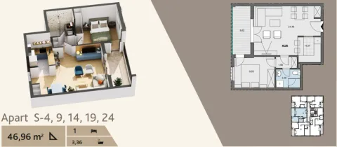 Trodimenzionalni i dvodimenzionalni prikaz osnove stana površine 46,96 kvadratnih metara. - image 3