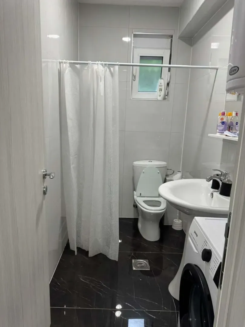 Smaller bathroom equipped with sanitary facilities, a shower curtain, and a washing machine.