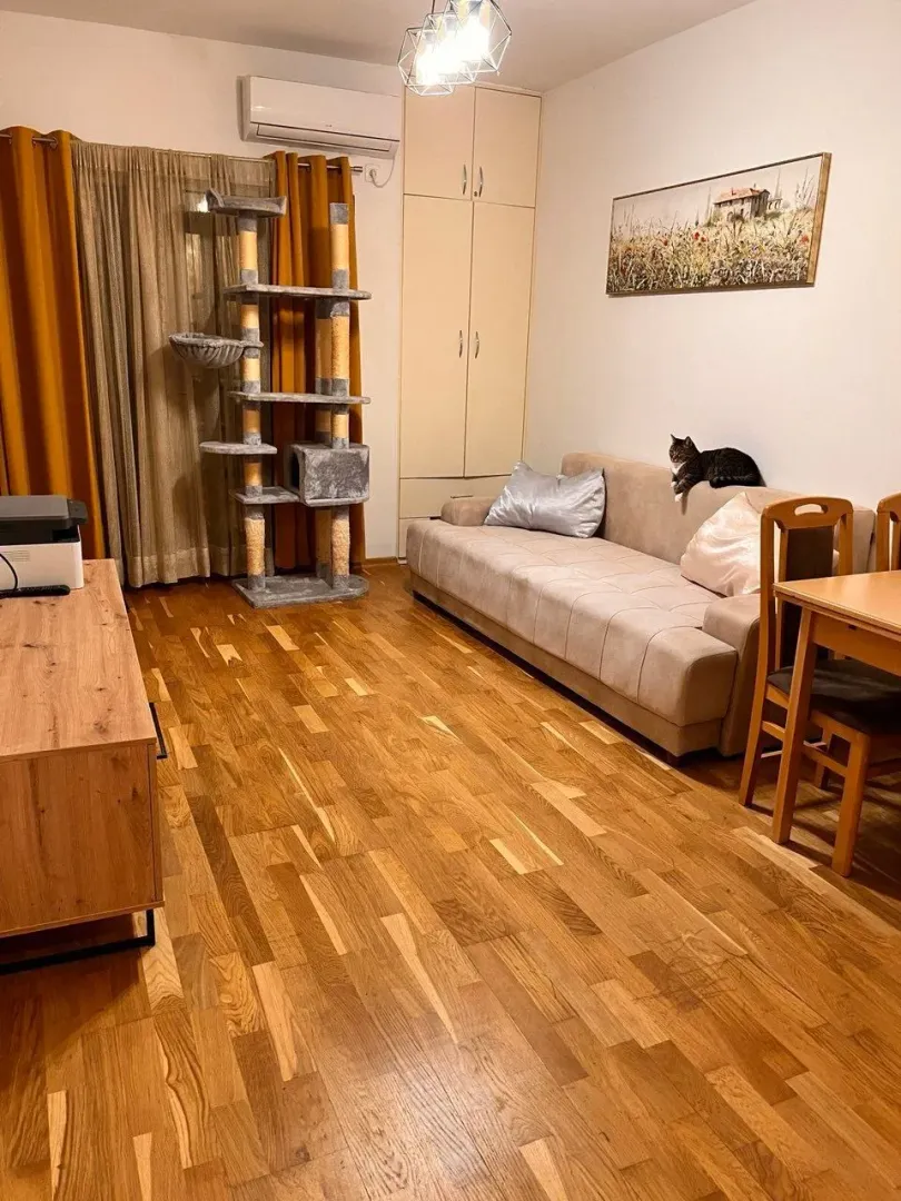 Dnevna soba sa garniturom, drvenim podom i mačijom grebalicom.