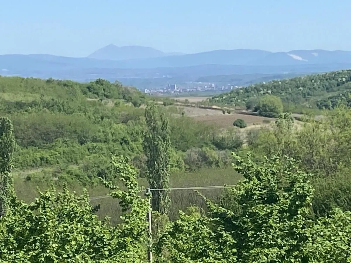 Pogled na zelene pejzaže i brda u daljini sa nekretnine.