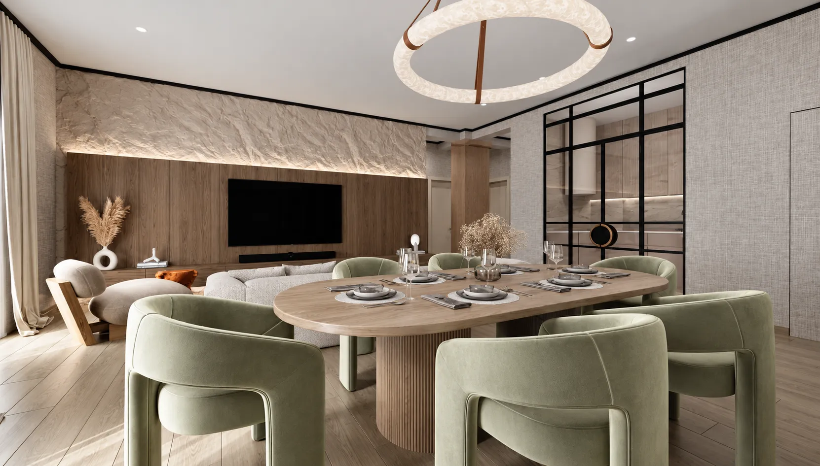 Spacious living room with a dining area and modern furniture.