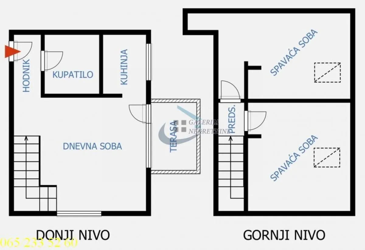 Osma crteža stana koja prikazuje raspored prostorija na dva nivoa.